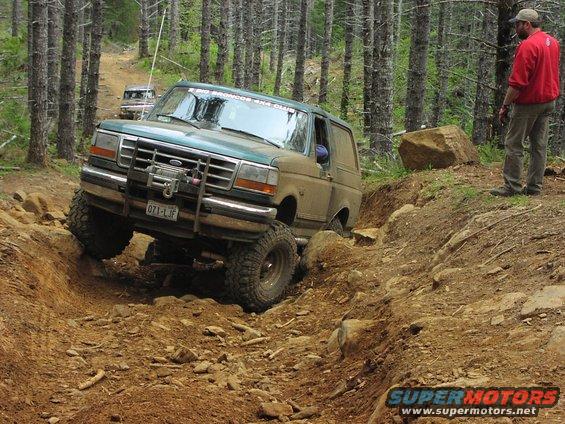 Green Ford Bronco off-roading on a rocky trail, front winch visible