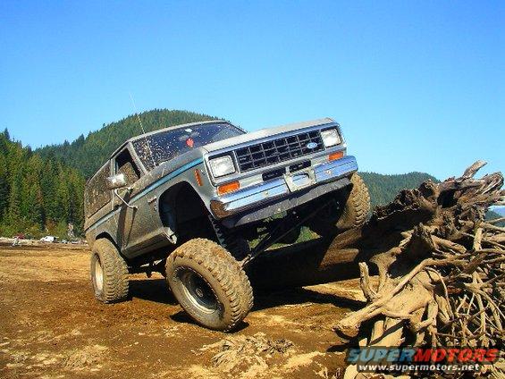 Gray Ford Bronco II with blue stripe, lifted suspension, off-roading over a large tree root