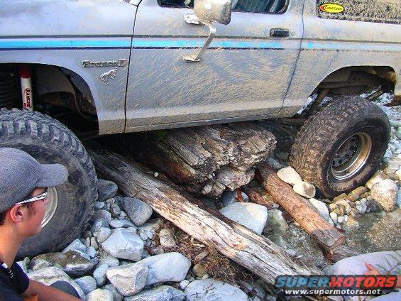 Gray Ford Bronco II with blue stripe, lifted suspension, driving over logs and rocks
