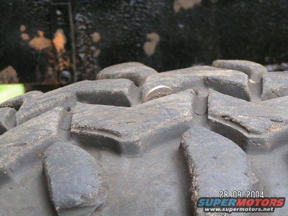 Close-up of a chunky off-road tire tread with a coin in one of the grooves. The date 28.09.2004 is visible