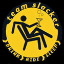 Yellow circular logo with "team slacker" text and a stick figure relaxing with a drink