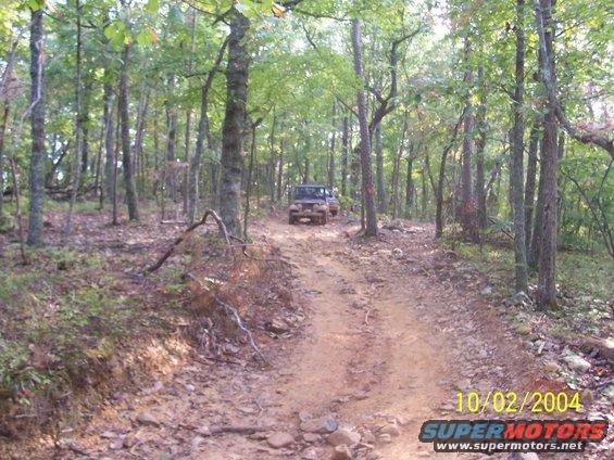 Two SUVs on a dirt trail in a wooded area