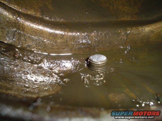 close-up of a differential fluid plug submerged in dirty fluid