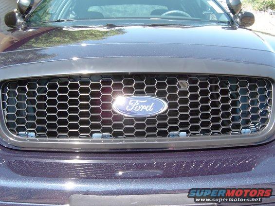 Ford emblem on a dark honeycomb grille, part of a police car
