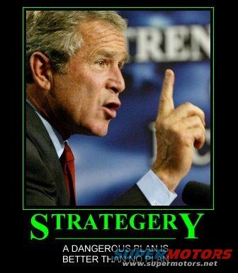 George W. Bush speaking, pointing finger, with "STRATEGERY" text below