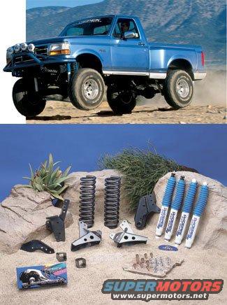 1993 Ford Bronco lifted and driving off-road, with a display of suspension parts below