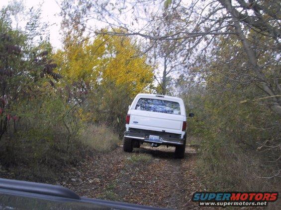 White Ford Bronco on a dirt road with fall foliage