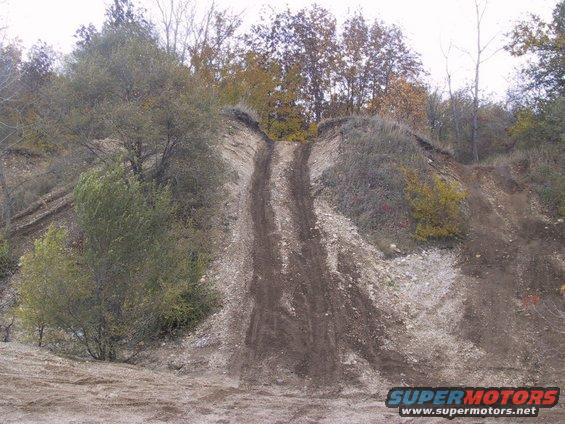 Dirt track on a steep, eroded hill with sparse vegetation and trees in the background
