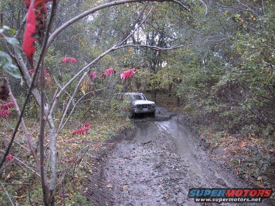 White SUV navigating a muddy, wooded trail