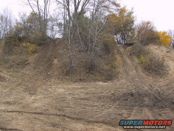 Dirt hill with tire tracks and trees