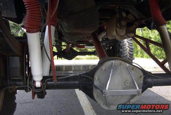 Underside view of a truck's rear axle, differential cover, shocks, and suspension