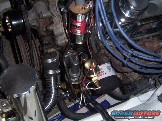Close-up of an engine bay showing an MSD ignition coil, distributor, and oil pressure gauge