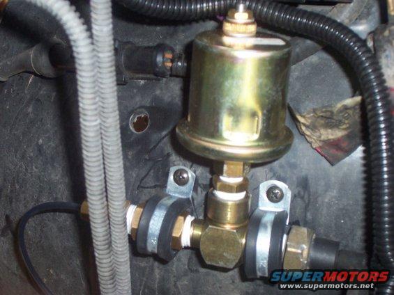 Close-up of an oil pressure gauge sender unit with brass fittings and a gold-colored housing, attached to hoses and wiring