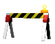 Construction barrier with yellow and black stripes and red and white legs against a black background