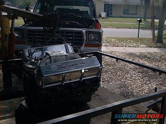 1979 Ford Bronco front view with engine being removed