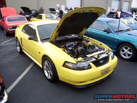 Yellow 2000 Ford Mustang front view, hood open, showing engine
