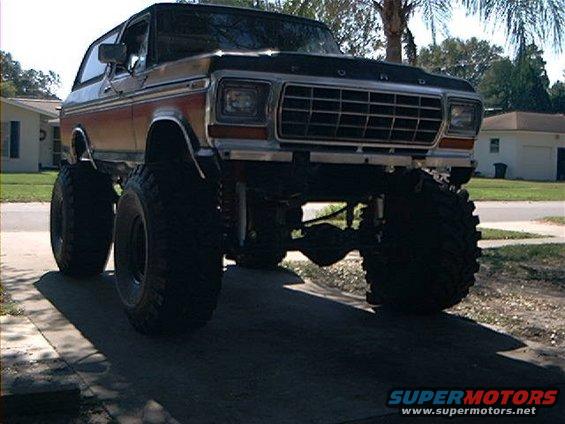 Lifted 1978 Ford Bronco with oversized tires, front view