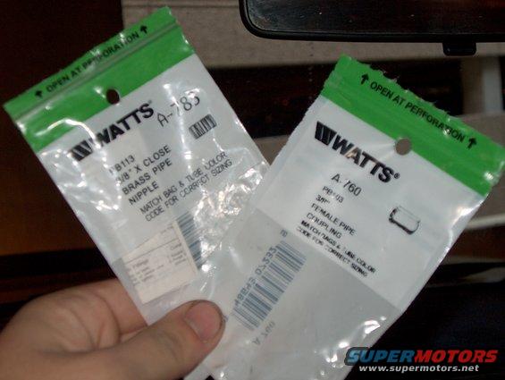 Two Watts plumbing fitting bags, one A-785 nipple, one A-760 coupling