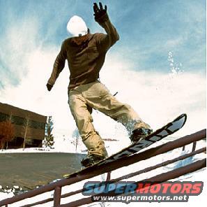 Snowboarder grinding down a rail with a building in the background
