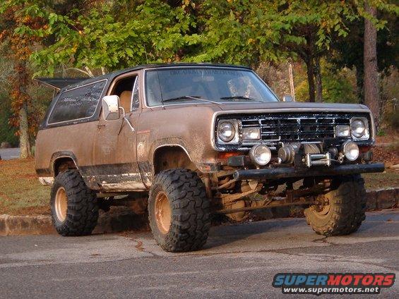 Lifted 1974 Dodge Ramcharger with large off-road tires and winch