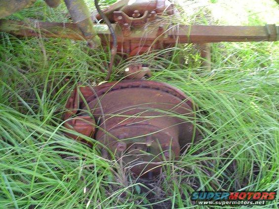 Rusty brake rotor and axle assembly partially obscured by grass