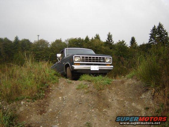 Dark blue 1983 Ford Ranger pickup truck on a dirt path with tall grass and trees