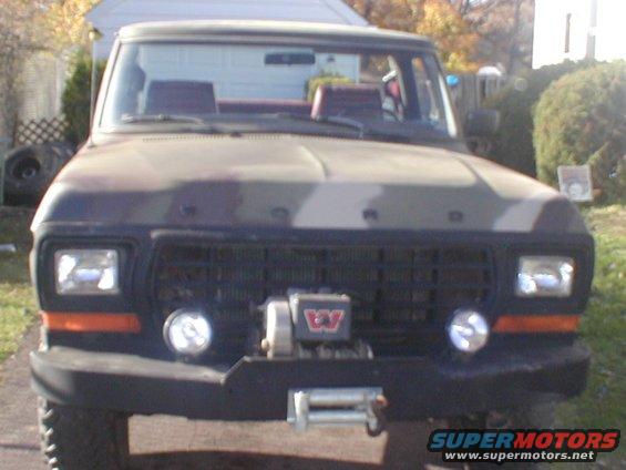 1979 Ford Bronco front view with winch and aftermarket lights