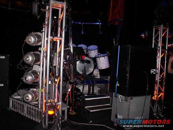 Stage lighting rig with spotlights and a drum kit