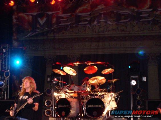 Megadeth drum kit with "MEGADETH" logo on bass drums
