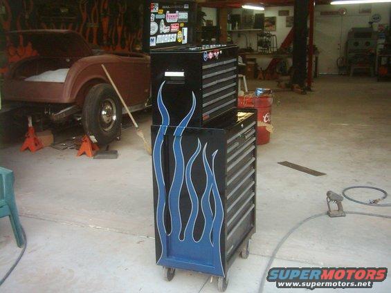 Black toolbox with blue flames