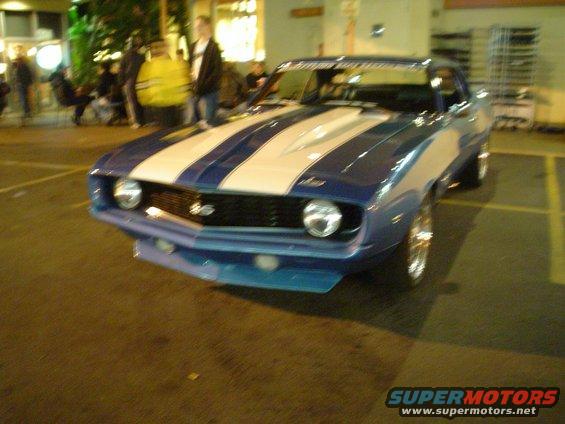 1969 Camaro SS with blue and white stripes, front view