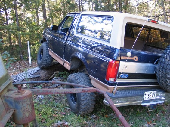 Dark blue Ford Bronco with tan trim, lifted suspension, and large tires, driving over a fallen tree. License plate reads 5162 WW