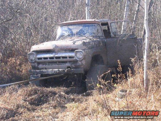 Muddy 1956 Ford F-series truck stuck in woods, being pulled by a strap