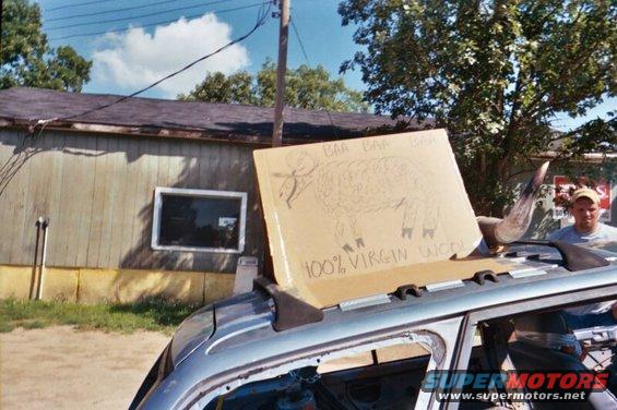 Silver SUV roof with a cardboard sign depicting a sheep and text, a man stands behind