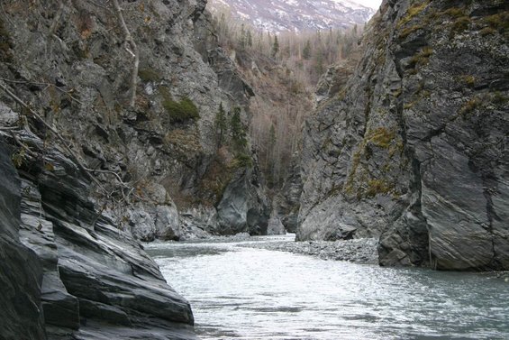 River flows through a narrow, rocky canyon with sparse trees on the slopes