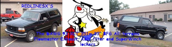Black 1993 Ford Bronco parked next to a red pickup truck, with a cartoon dog graphic and text overlay