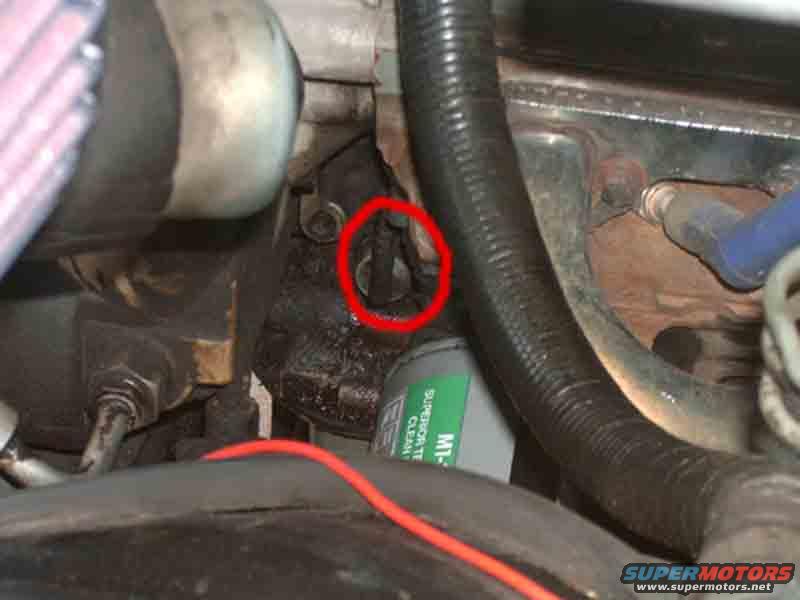 Engine part circled in red, with oil filter visible