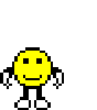 Pixelated yellow smiley face character with black arms and legs