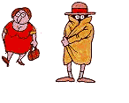 Cartoon illustration of a woman in a red dress and a person in a yellow raincoat and hat