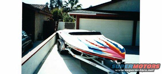 boat on a trailer with flame graphics