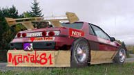 1986 Pontiac Fiero with custom wooden body panels and large rear wing. 'Maniak81' text visible
