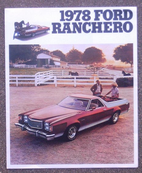 1978 Ford Ranchero parked on dirt lot with two men standing nearby. Farm buildings and horses in background