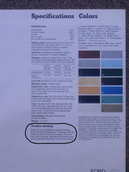 Document page showing specifications and color options for a Ford vehicle, with a section on trailer towing highlighted