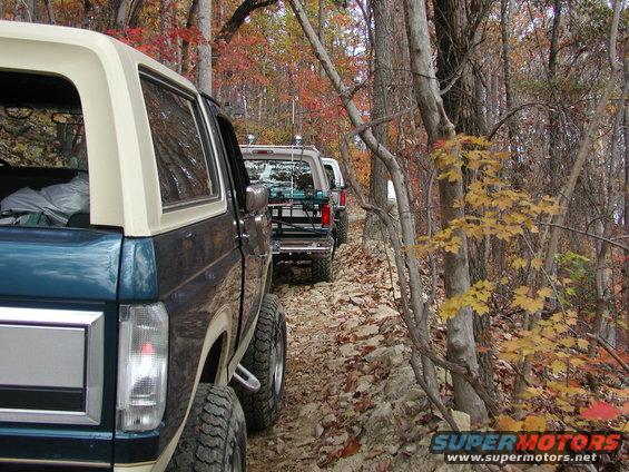 Blue 1985 Ford Bronco on a rocky trail