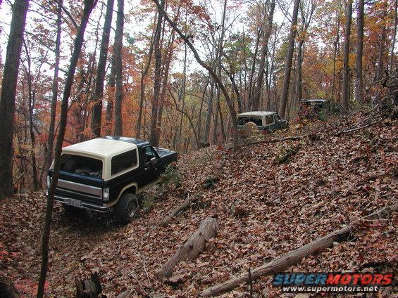 Black Ford Bronco with a white top driving up a leaf-covered hill in a forest. Two other SUVs are visible further up the slope