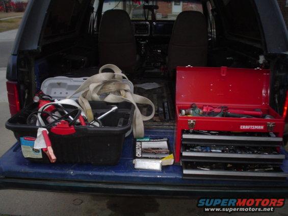heres the stuff I take with me on 4 wheeling runs.  I have yet to need any spare parts so far so I dont have any to take along.  The most important thing I take with me is another truck.  I never go alone.