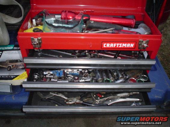 picture-169.jpg Heres my tool box.  Its got plenty of room for most stuff I need.  Top has screwdrivers and other misc. stuff, 1st drawer has wrenches, 2nd has sockets and socket drivers and 3rd has pliers vice grips, stuff like that.
