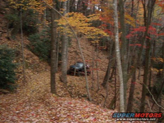 Dark off-road vehicle on a leaf-covered hill in autumn woods