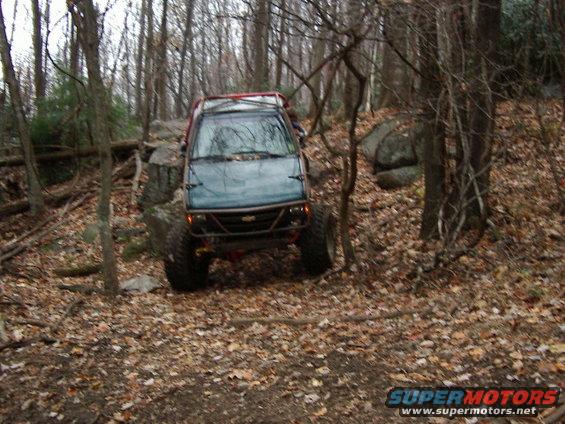 Off-road vehicle with roll cage navigating a wooded trail