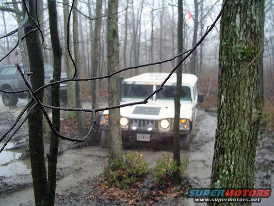 White Hummer H2 and a dark SUV driving off-road in a muddy forest